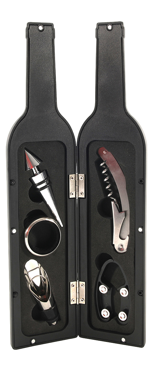 Schwarze Box in Flaschenform. Enthält fünf Weinaccessoires: Korkenzieher, Tropfenfänger, Ausgießer, Verschluss und Folienabschneider.
