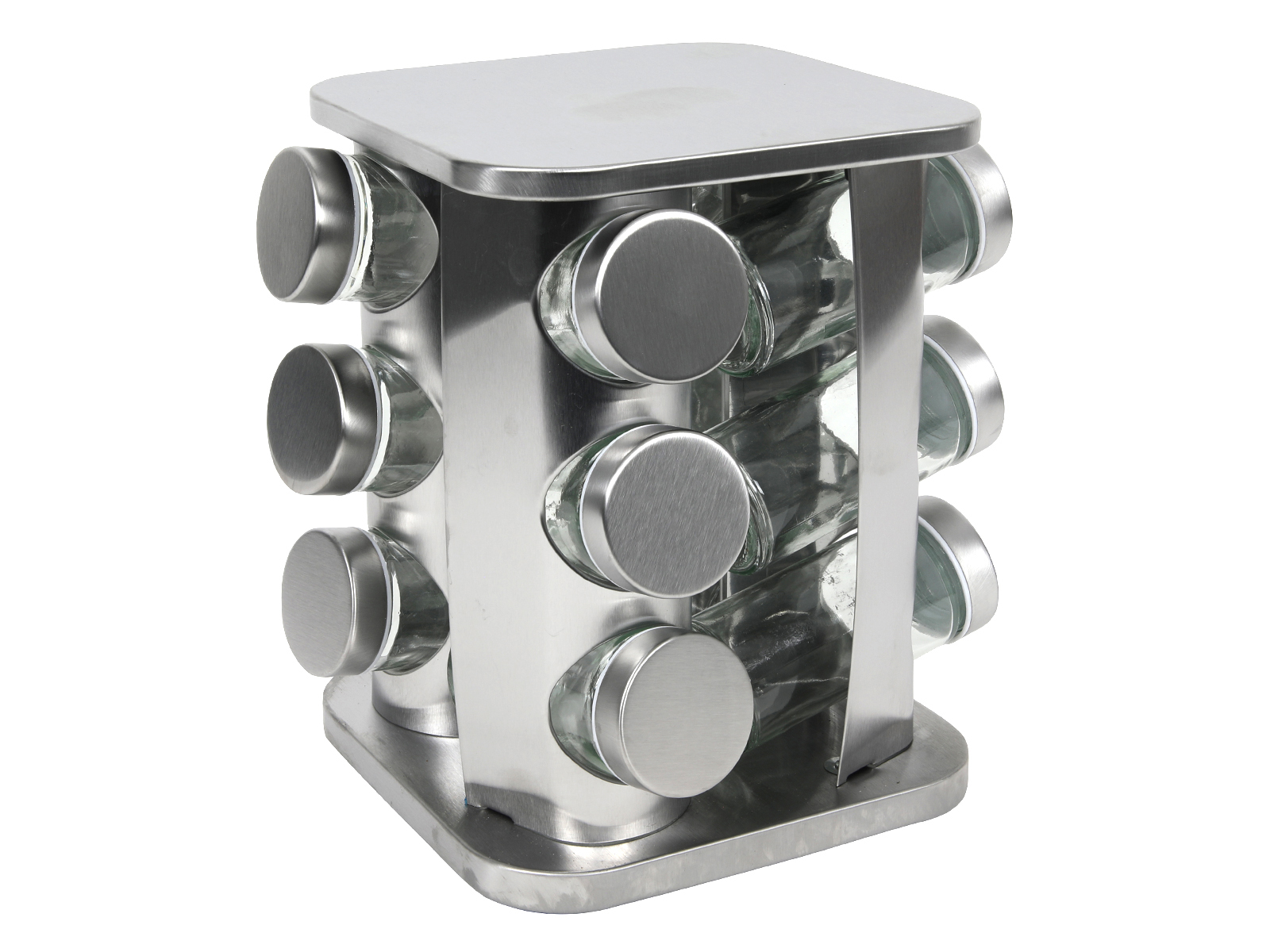 Küchengewürzständer aus Edelstahl mit mehreren Glasbehältern. Kompakte, moderne Form.