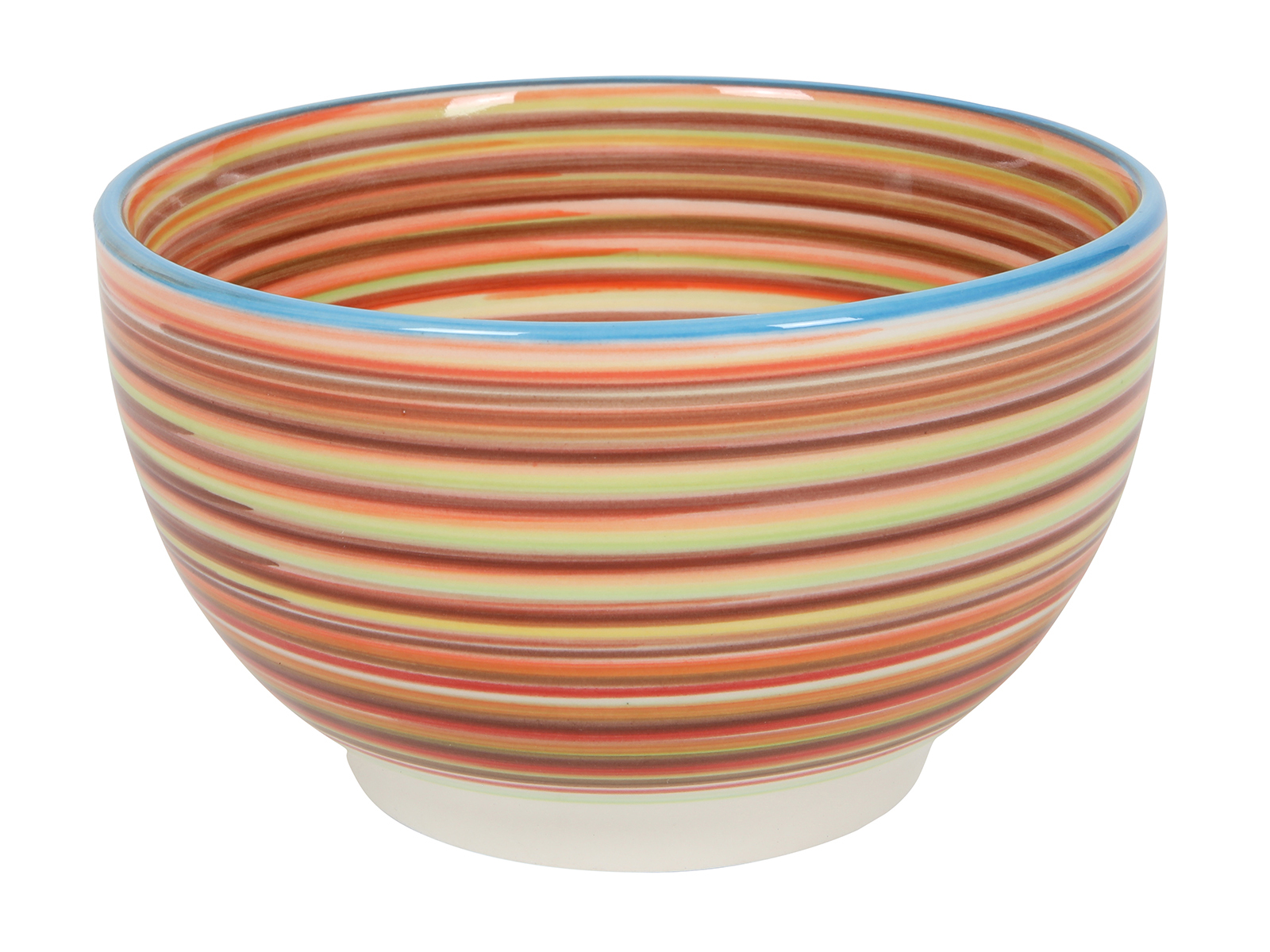 Bunte Schüssel mit horizontalen Streifen in verschiedenen Farben. Glänzende Oberfläche, runde Form.