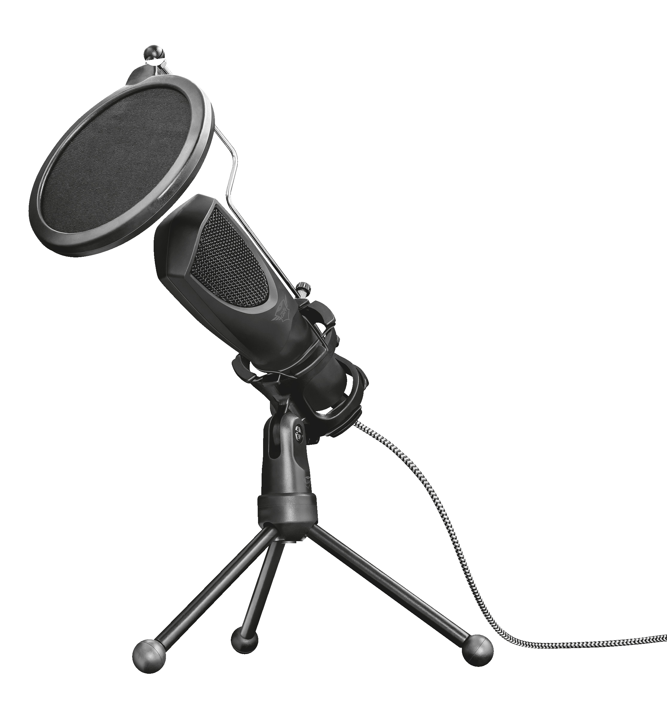 schwarzes Mikrofon auf einem Stativ. Mit einem Popfilter davor. Kabel sichtbar.