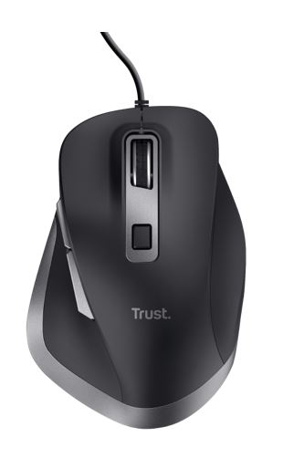 schwarze Computermaus mit ergonomischem Design. Enthält Scrollrad und seitliche Tasten.