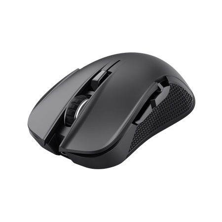 schwarze Computermaus mit zwei Haupttasten, Scrollrad und seitlichen Tasten. Ergonomisches Design, leicht gewölbt.