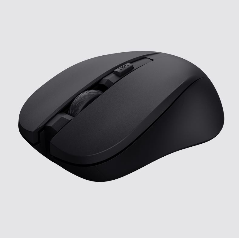 Schwarze Computermaus mit zwei Tasten und einem Scrollrad. Schlichtes Design ohne auffällige Muster.