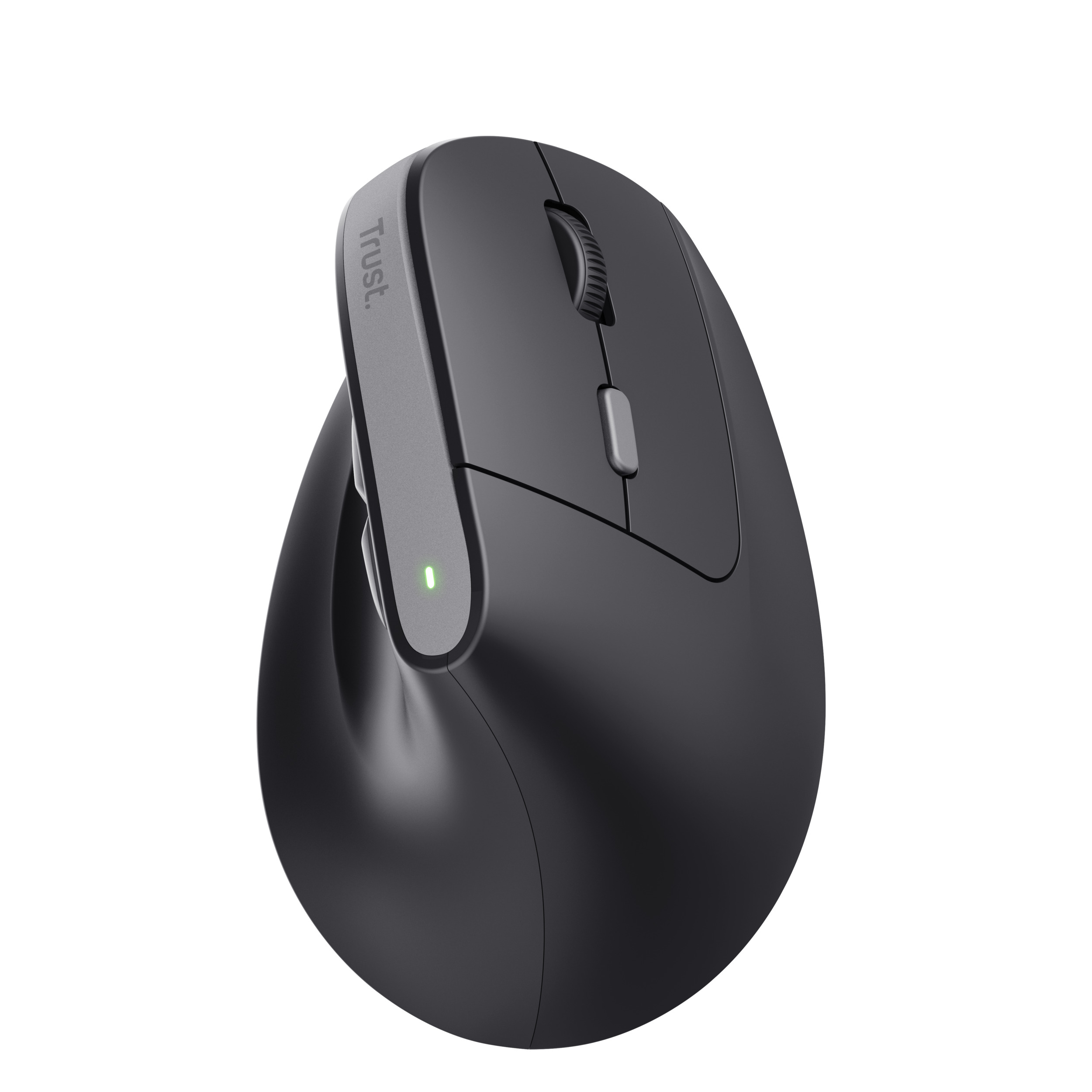 schwarze ergonomische Computermaus mit seitlichem Scrollrad. Eine grüne LED leuchtet an der Unterseite.
