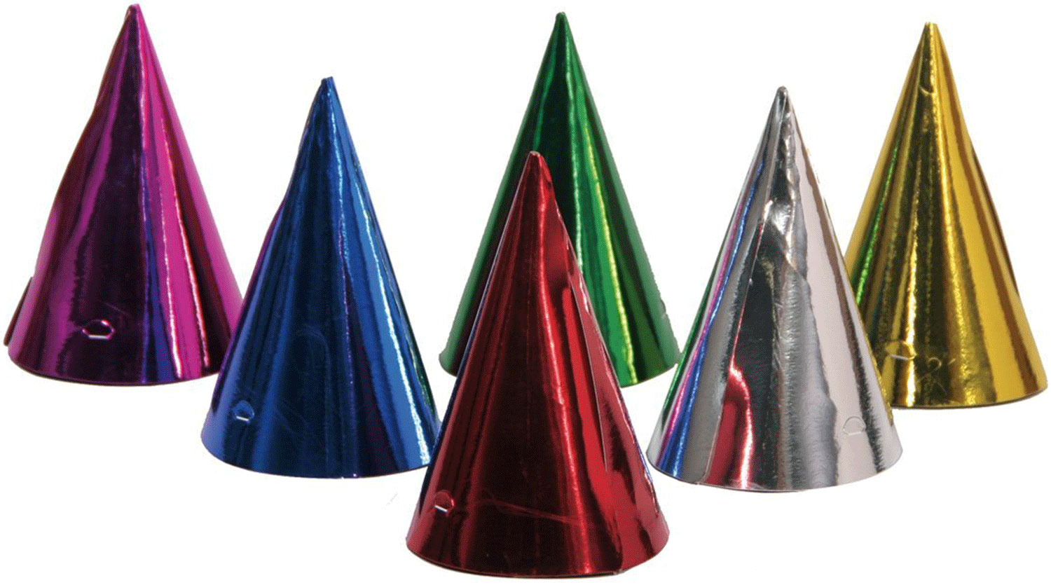 Sechs bunte Partyhüte in Form von Kegeln. Farben: lila, blau, grün, rot, silber und gold.