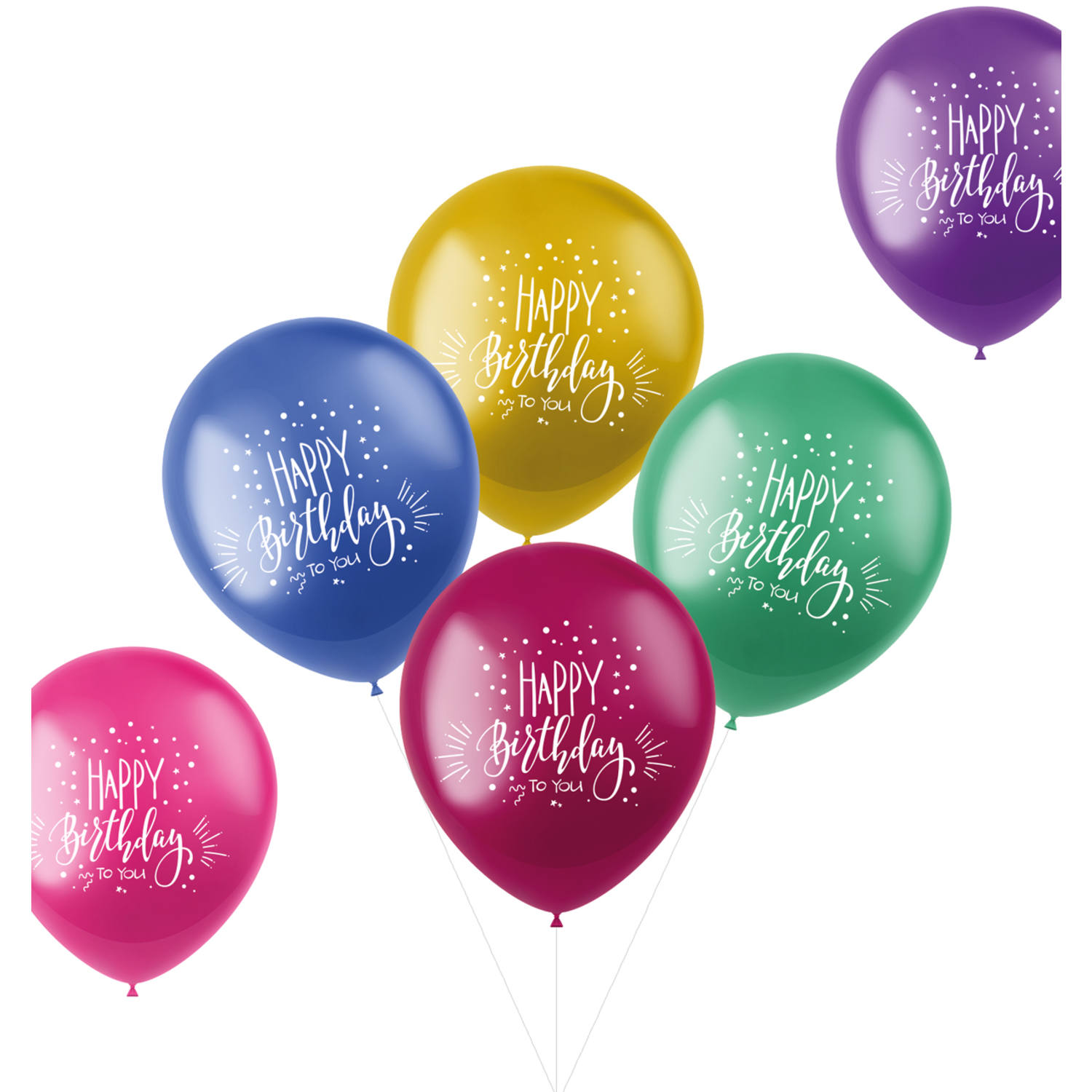 Bunte Luftballons in verschiedenen Farben. Auf jedem Ballon steht 'Happy Birthday to you'.