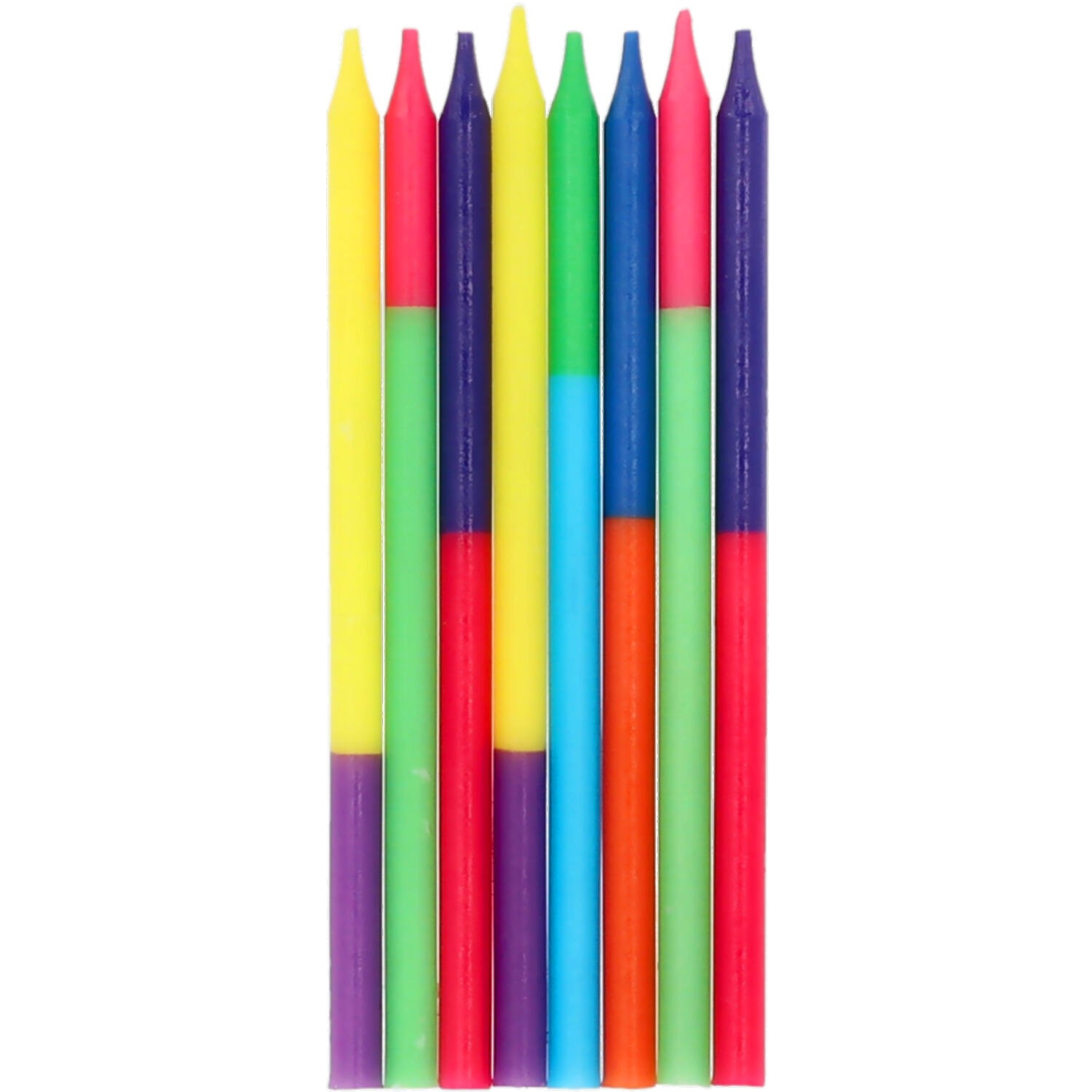 Sechs bunte Kerzen in verschiedenen Farben. Die Farben sind gelb, rot, grün, blau, lila und orange.
