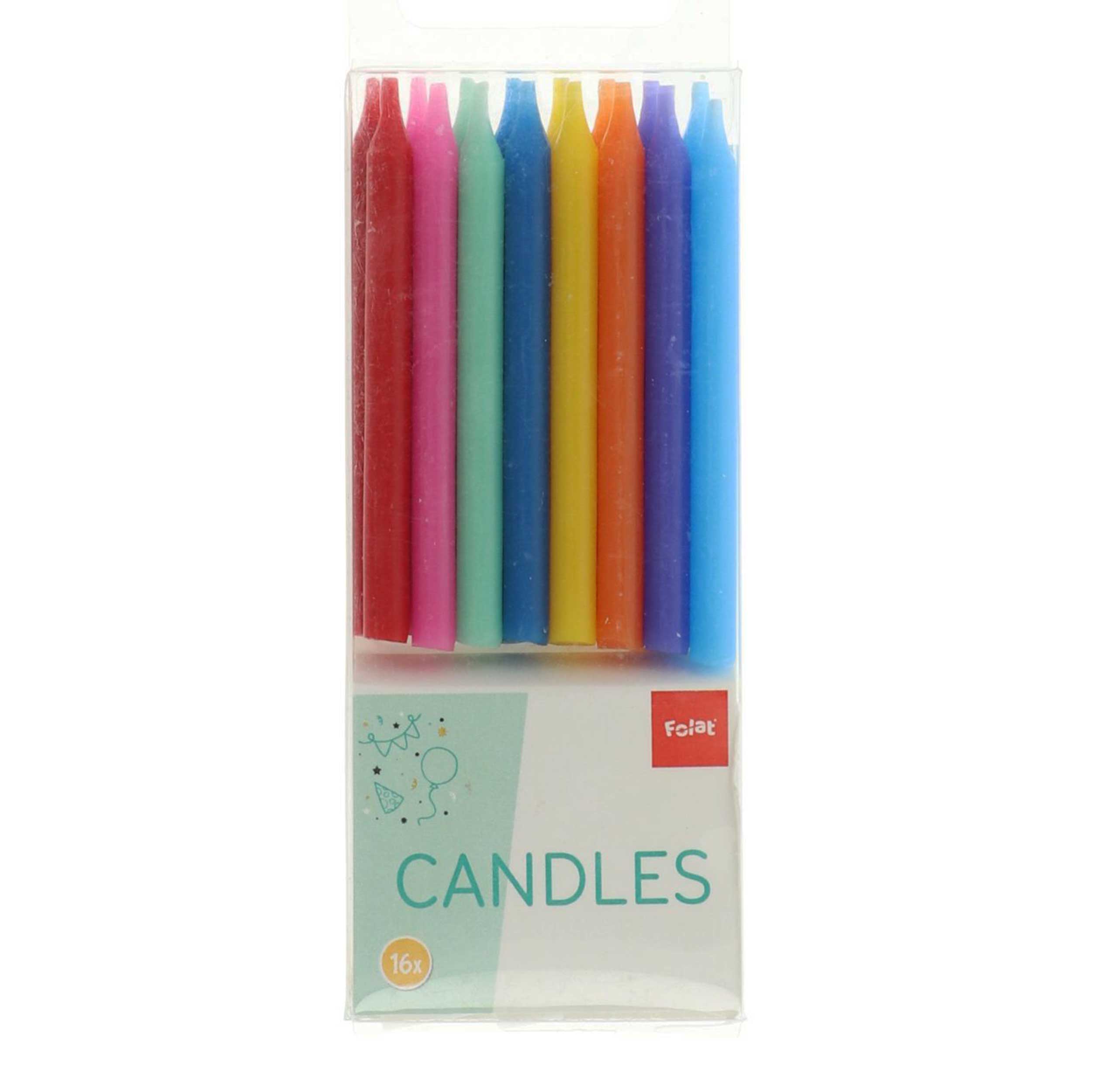 Packung mit 16 bunten Kerzen. Farben: Rot, Pink, Blau, Grün, Gelb, Orange. Jede Kerze hat eine spitze Oberseite.