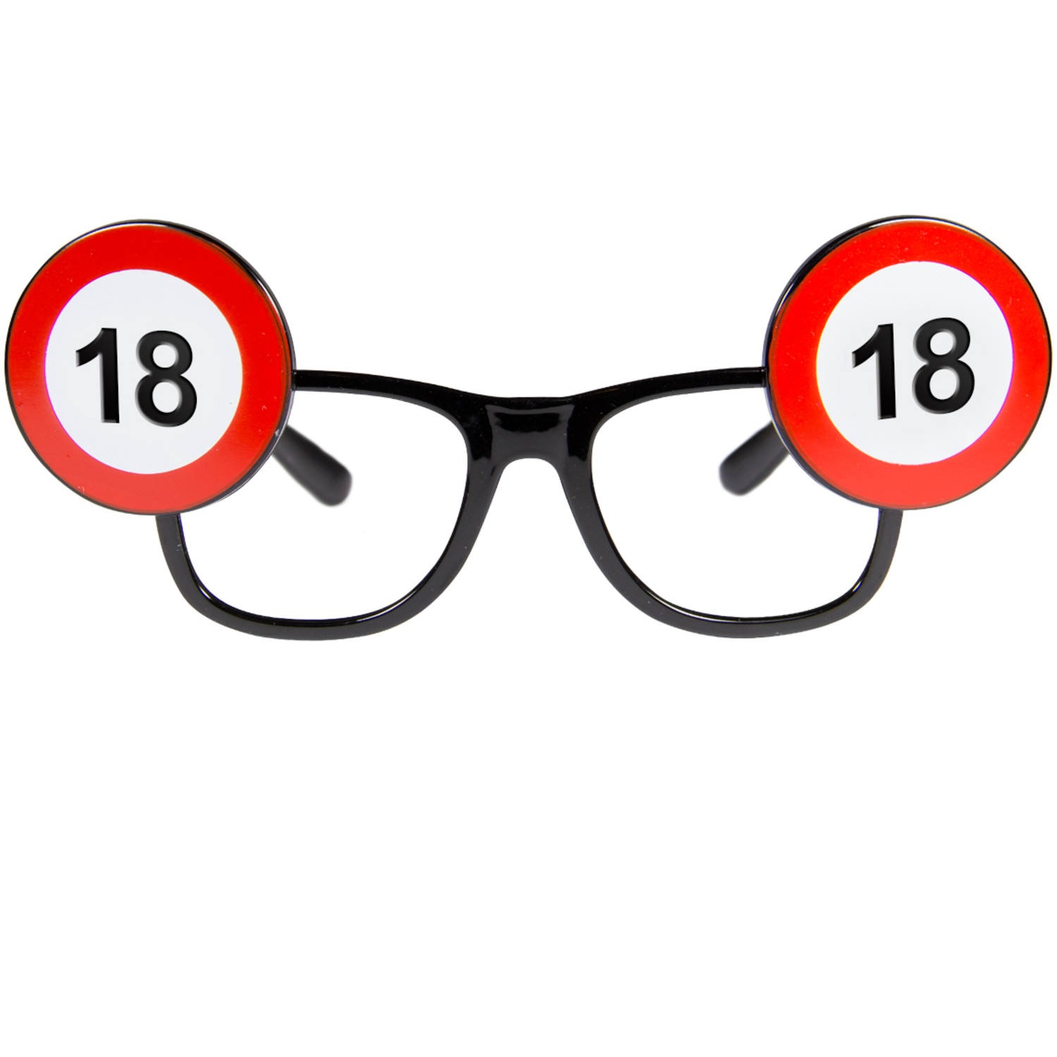 Schwarze Brille mit zwei roten Verkehrsschildern. Jedes Schild zeigt die Zahl 18.