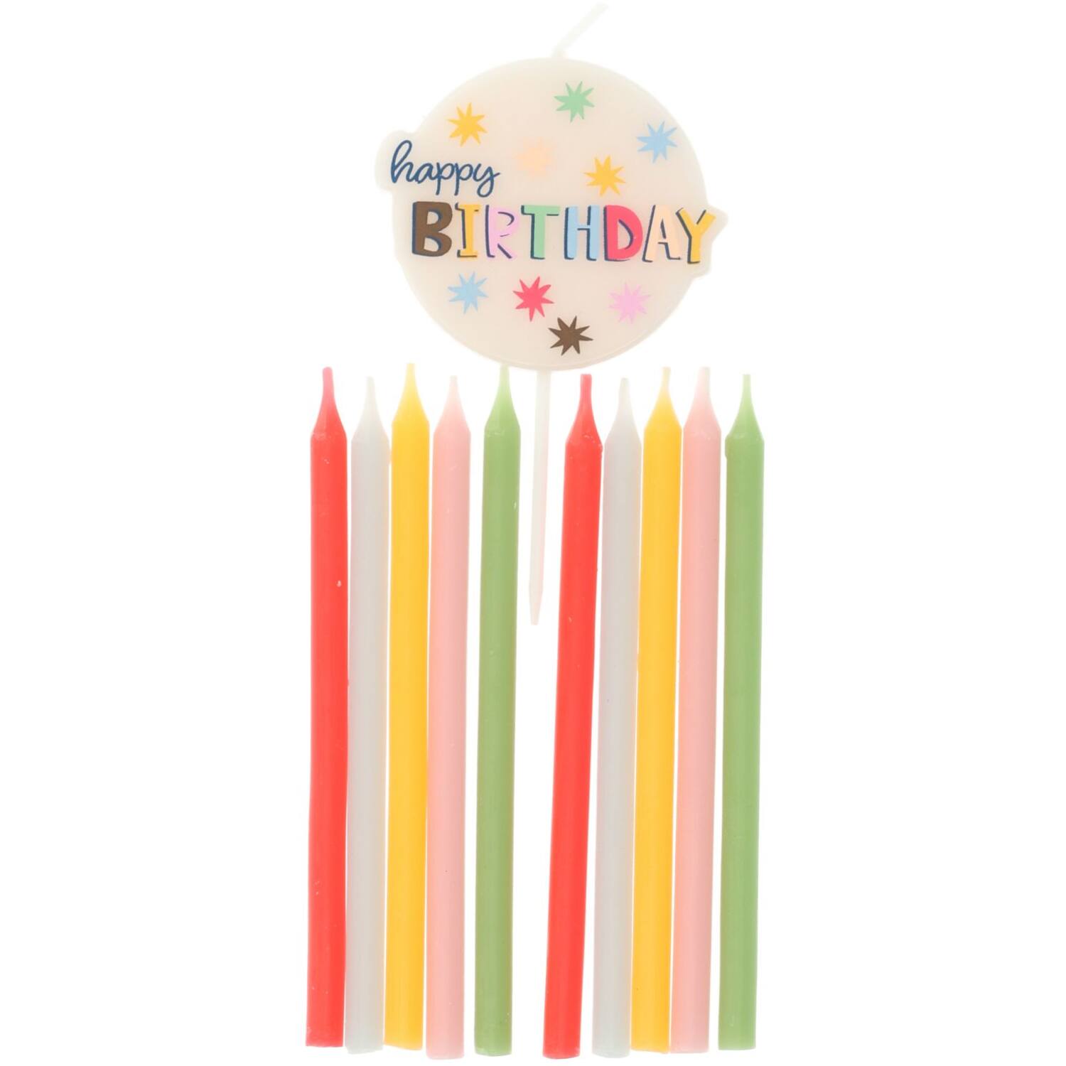 Bunte Geburtstagskerzen in verschiedenen Farben. Eine Kerze mit dem Schriftzug 'happy BIRTHDAY' ist dabei.