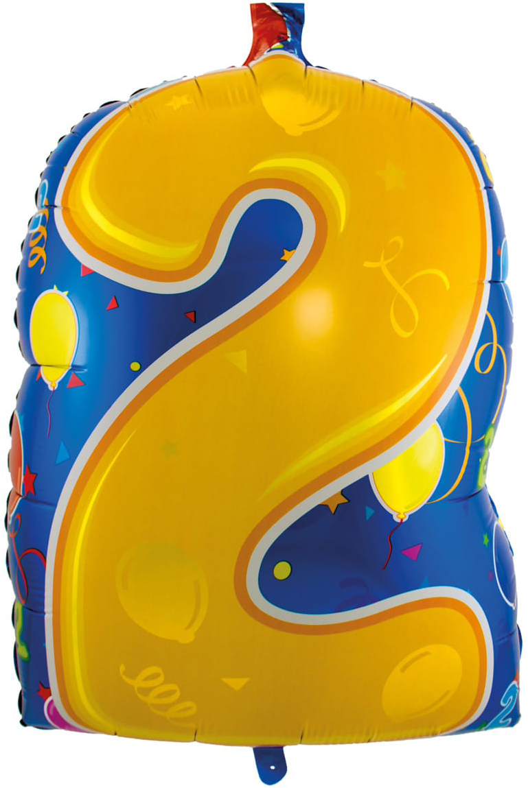 Luftballon in Form der Zahl zwei. Gelb mit bunten Mustern und Konfetti.