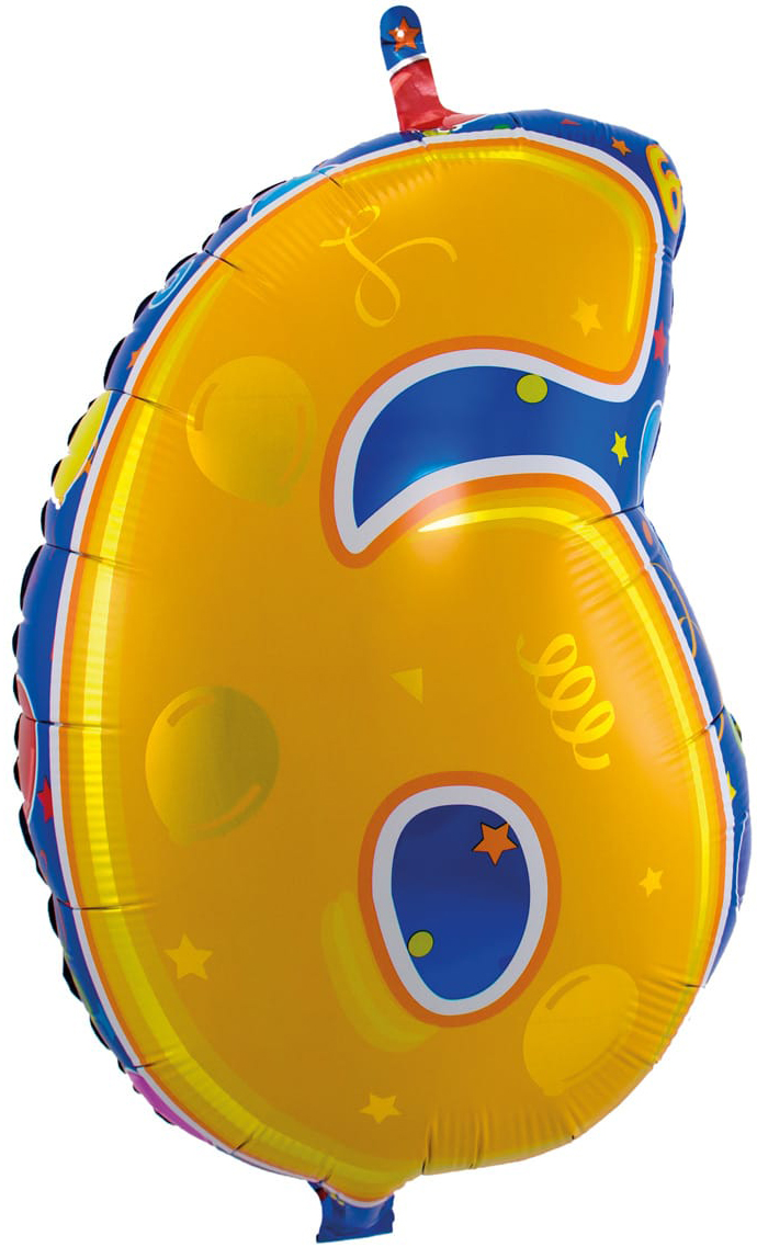 Gelber Luftballon in Form der Zahl 6. Bunt dekoriert mit Sternen und Kreisen.