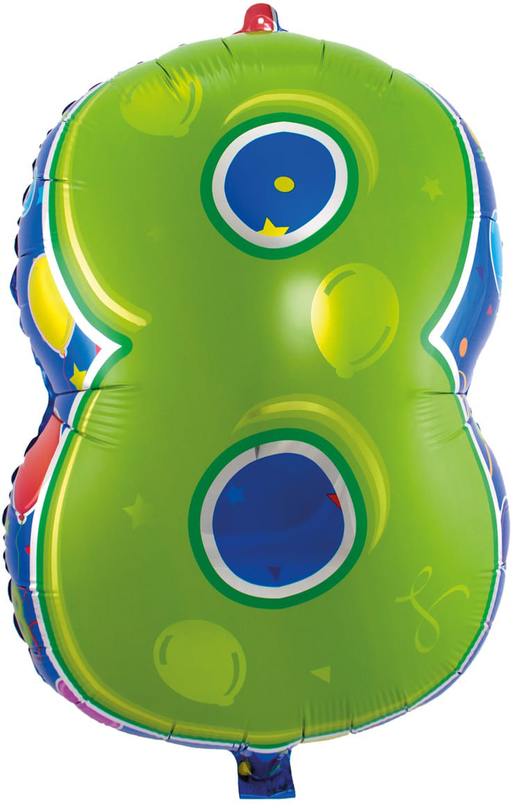 Grüner, aufblasbarer Ballon in Form der Zahl 8. Mit bunten Motiven wie Sternen und Luftballons.