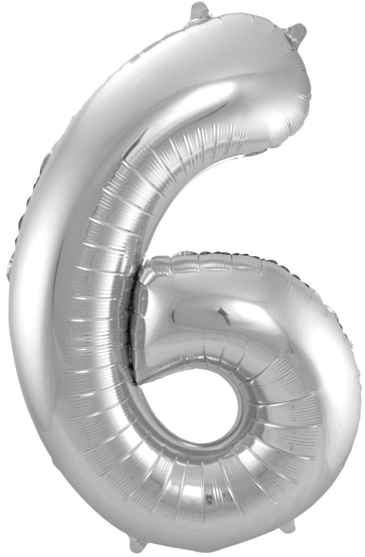 Silberne Folienzahl in Form der Ziffer 6. Glänzende Oberfläche, rundliche Form.