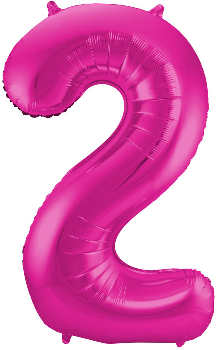 große, pinkfarbene Luftballon-Zahl '2'. Glänzende Oberfläche, geschwungene Form.