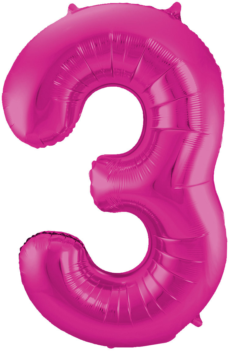 Luftballon in Form der Zahl drei. Die Farbe ist leuchtendes Pink.
