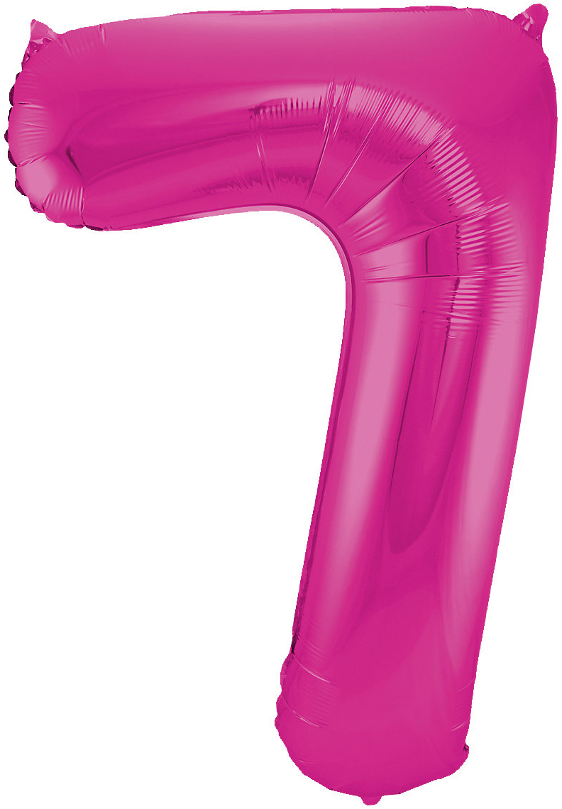 Luftballon in Form der Zahl sieben. Farbe: pink. Glänzende Oberfläche.