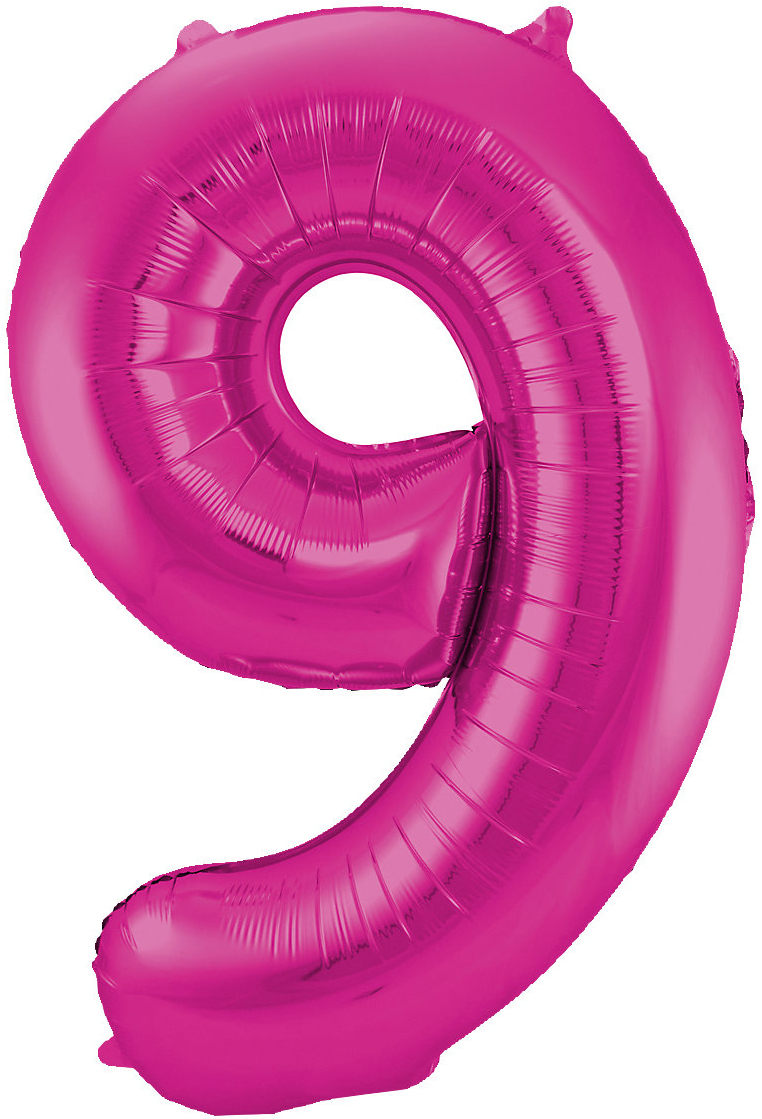 Große, glänzende, pinke Luftballon-Zahl 9. Die Zahl hat eine geschwungene Form.