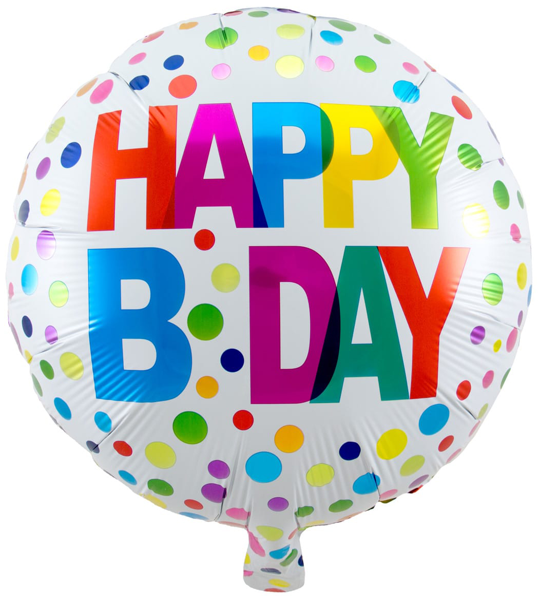 Runde Folienballon mit bunten Punkten. Aufschrift 'HAPPY B.DAY' in verschiedenen Farben.