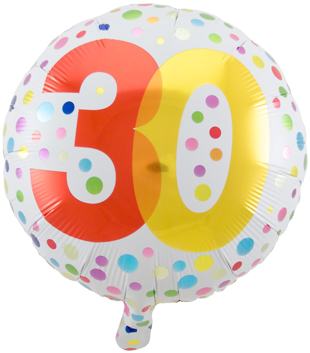 Runde Folienballon mit der Zahl 30 in rot und gelb. Bunt gepunktet mit verschiedenen Farben. Ideal für Geburtstagsfeiern.