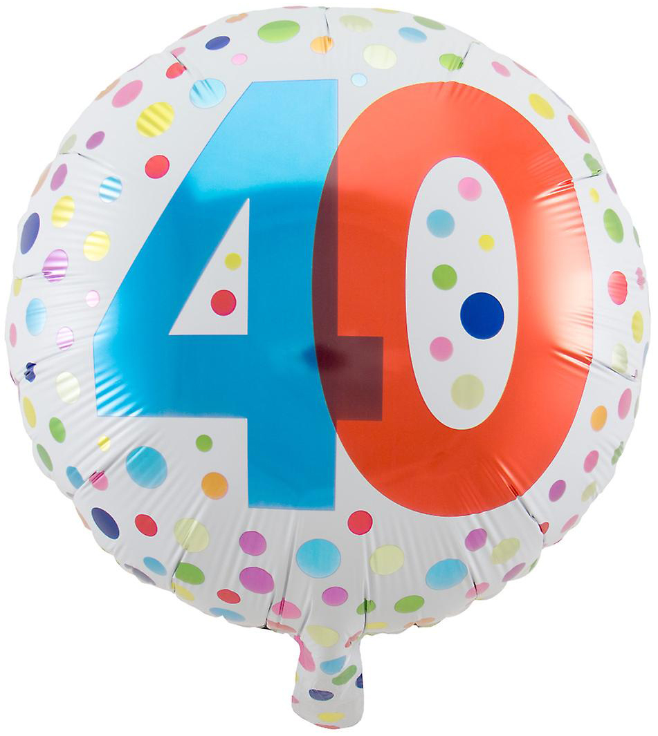 Runder Luftballon mit der Zahl 40 in bunten Farben. Umgeben von bunten Punkten.