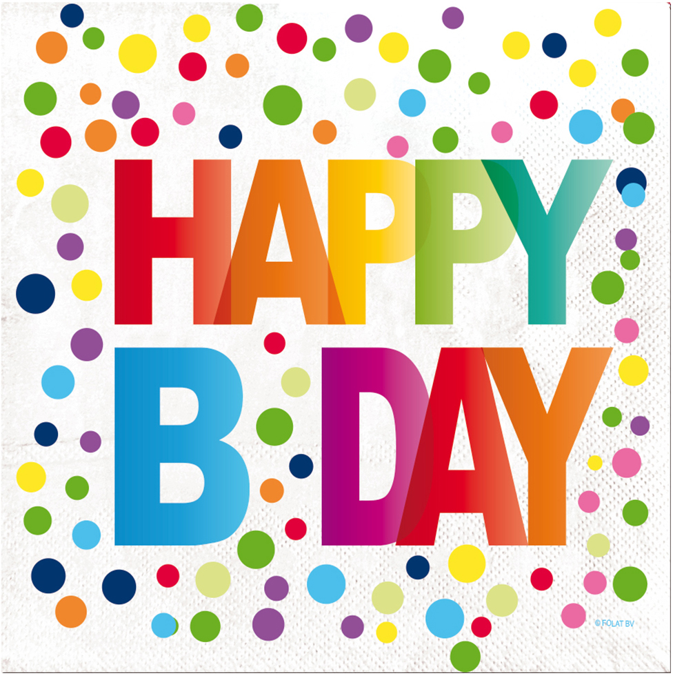 Bunte Geburtstagskarte mit dem Text 'HAPPY B DAY'. Umgeben von vielen bunten Punkten.