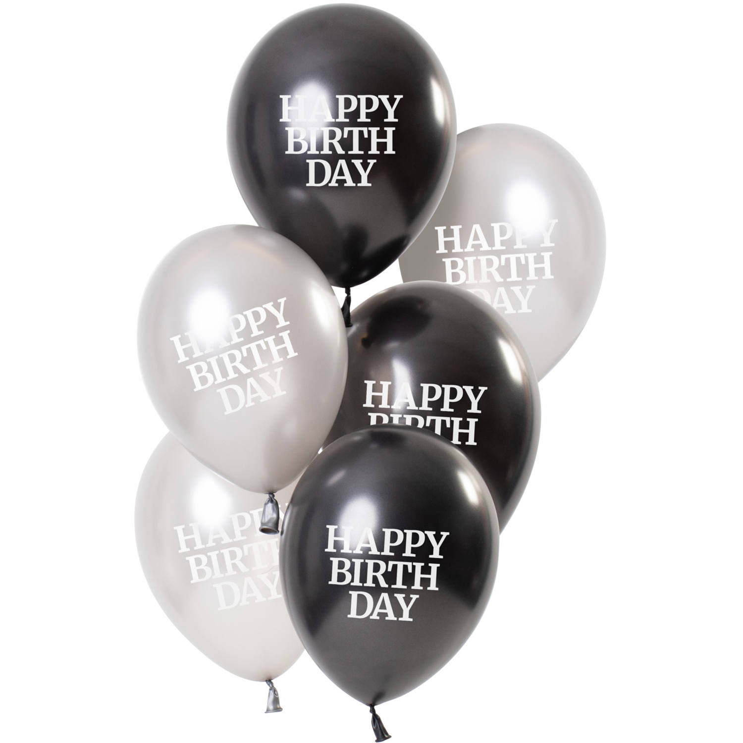 Sechs Luftballons in schwarz und silber. Auf jedem Ballon steht 'HAPPY BIRTHDAY' in weißer Schrift.