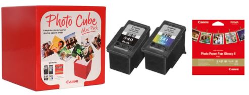 Rote Verpackung mit dem Aufdruck 'Photo Cube Value Pack'. Enthält zwei Druckerpatronen und Fotopapier.