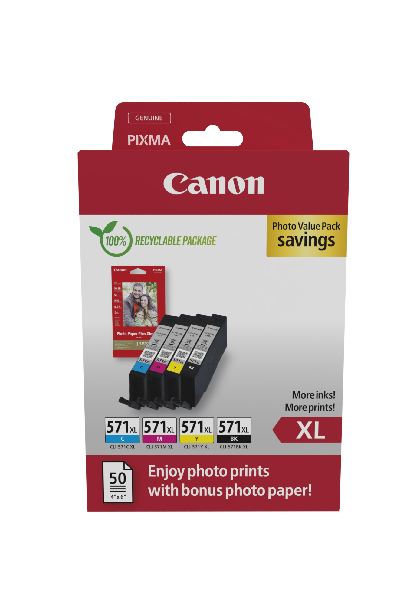 Druckerpatronen-Set mit vier Farben und zusätzlichem Fotopapier. Verpackung ist 100 Prozent recycelbar.
