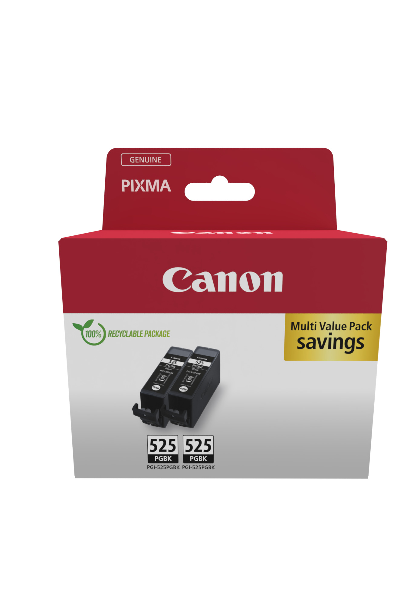 Schwarze Druckerpatronen im Paket. Verpackung mit Canon-Logo und Hinweis auf Recycling.