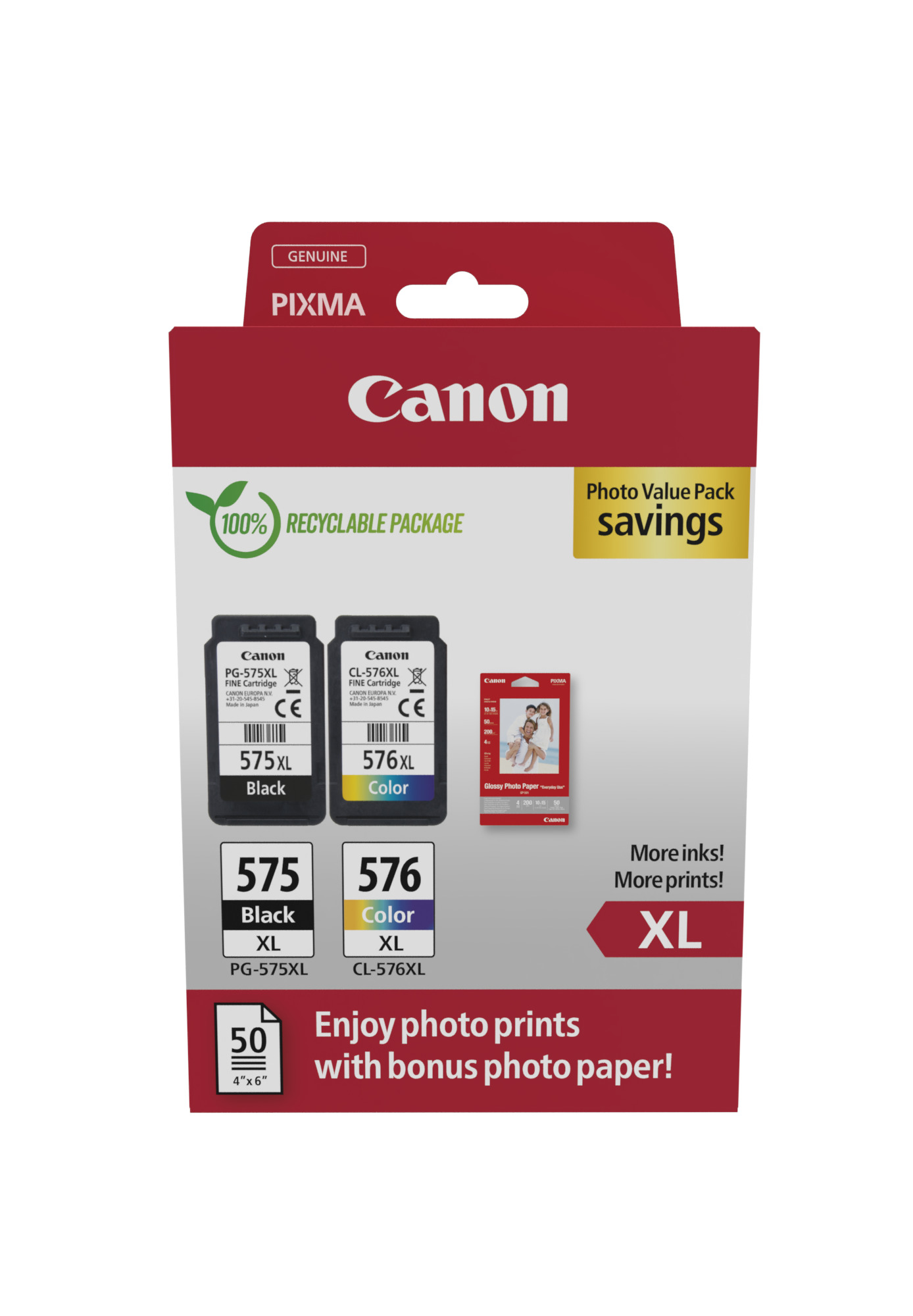Canon Tintenpatronen-Set. Enthält schwarze und farbige Patronen. 100% recycelbare Verpackung. Bonus: 50 Blatt glänzendes Fotopapier.