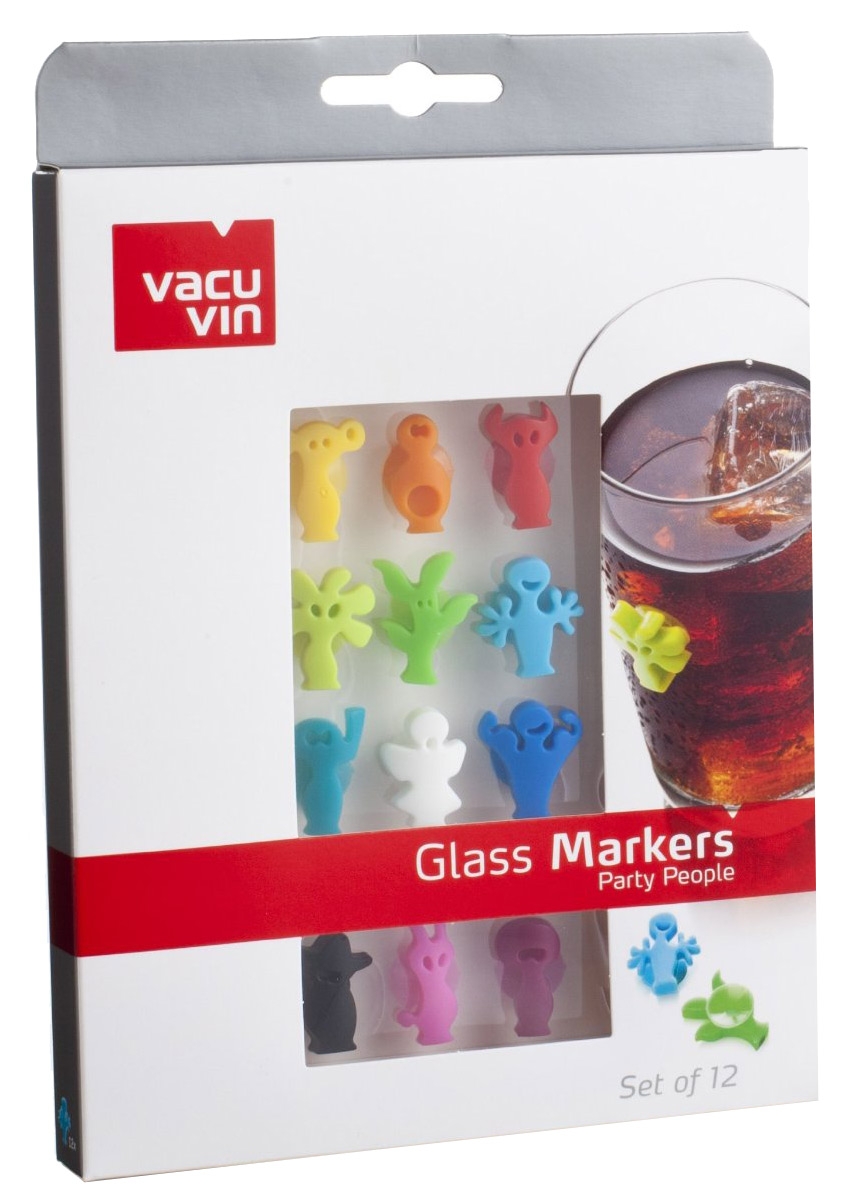 Set von 12 bunten Glasmarkierern in Form von kleinen Figuren. Verpackung zeigt ein Glas mit Getränk und Eiswürfeln.