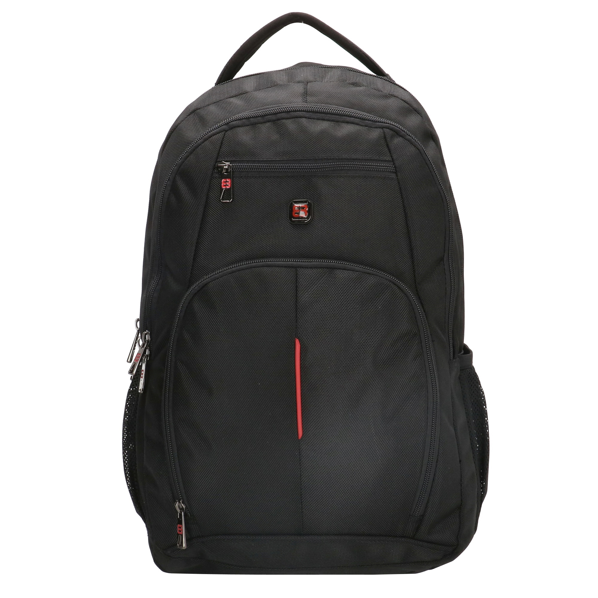 Schwarzer Rucksack mit mehreren Fächern. Roter Akzent auf der Vorderseite.
