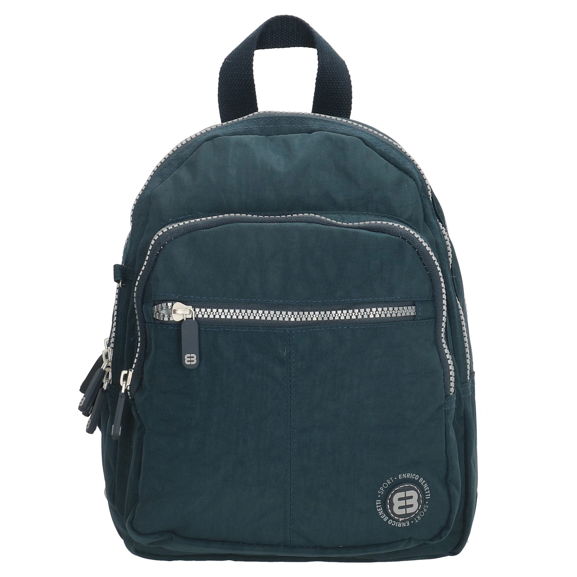 Dunkelblauer Rucksack mit zwei Reißverschlusstaschen. Kleine Schlaufe oben zum Tragen. Schlichte, sportliche Optik.
