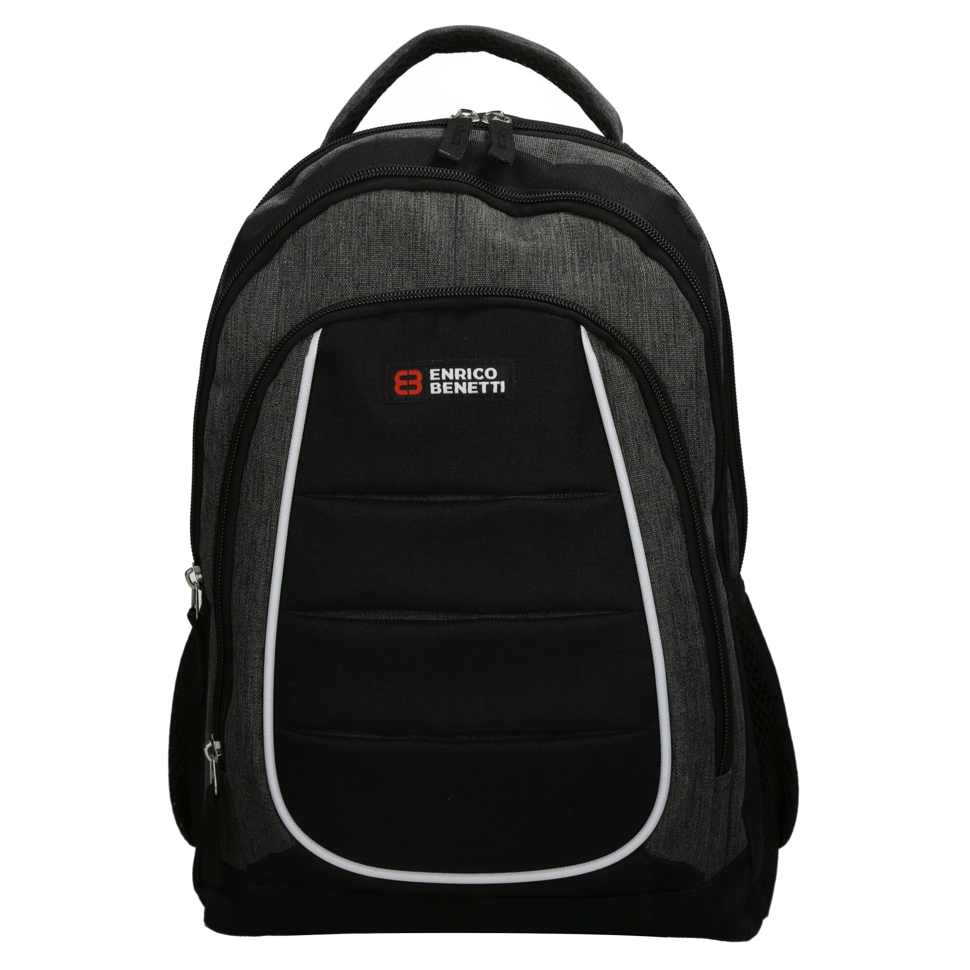 Schwarzer Rucksack mit grauen und weißen Akzenten. Logo von Enrico Benetti auf der Vorderseite.