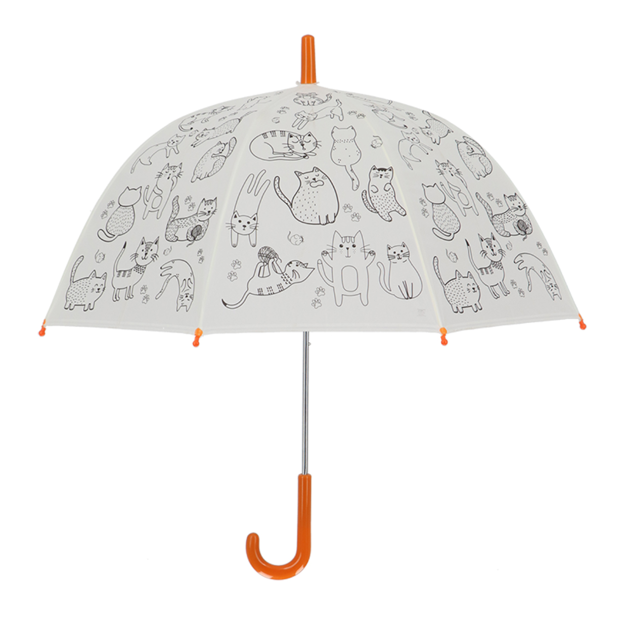 Regenschirm mit Katzenmotiven in Schwarz auf hellem Hintergrund. Der Griff ist orange.
