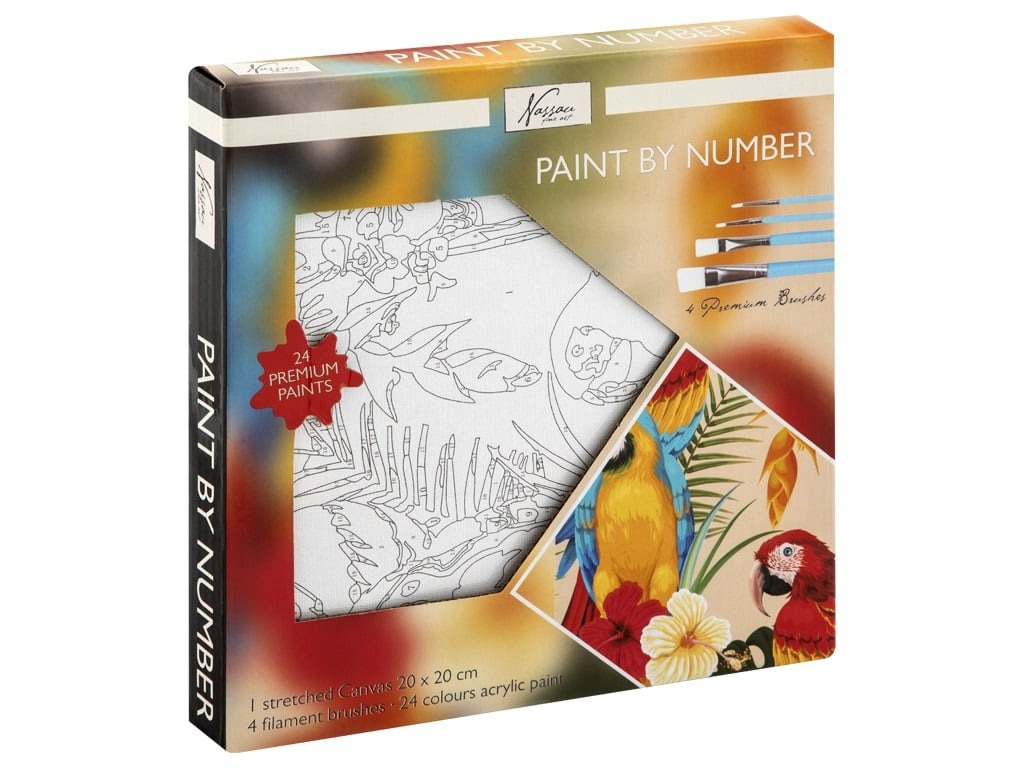 Paint by Number Set mit 24 Farben. Enthält eine Leinwand und 4 Pinsel.