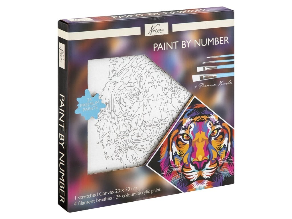 Paint by Number Set mit einem Tiger-Motiv. Enthält 24 Farben und 4 Pinsel.