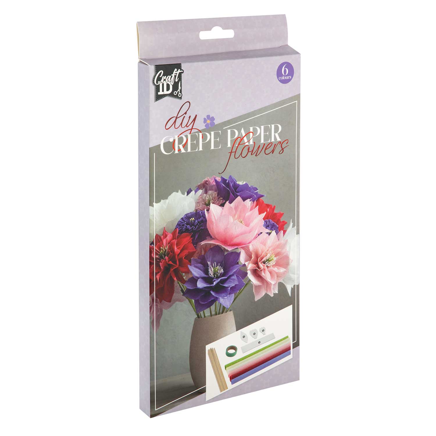 Verpackung für DIY Krepppapierblumen. Enthält verschiedene Farben und Materialien zum Basteln.