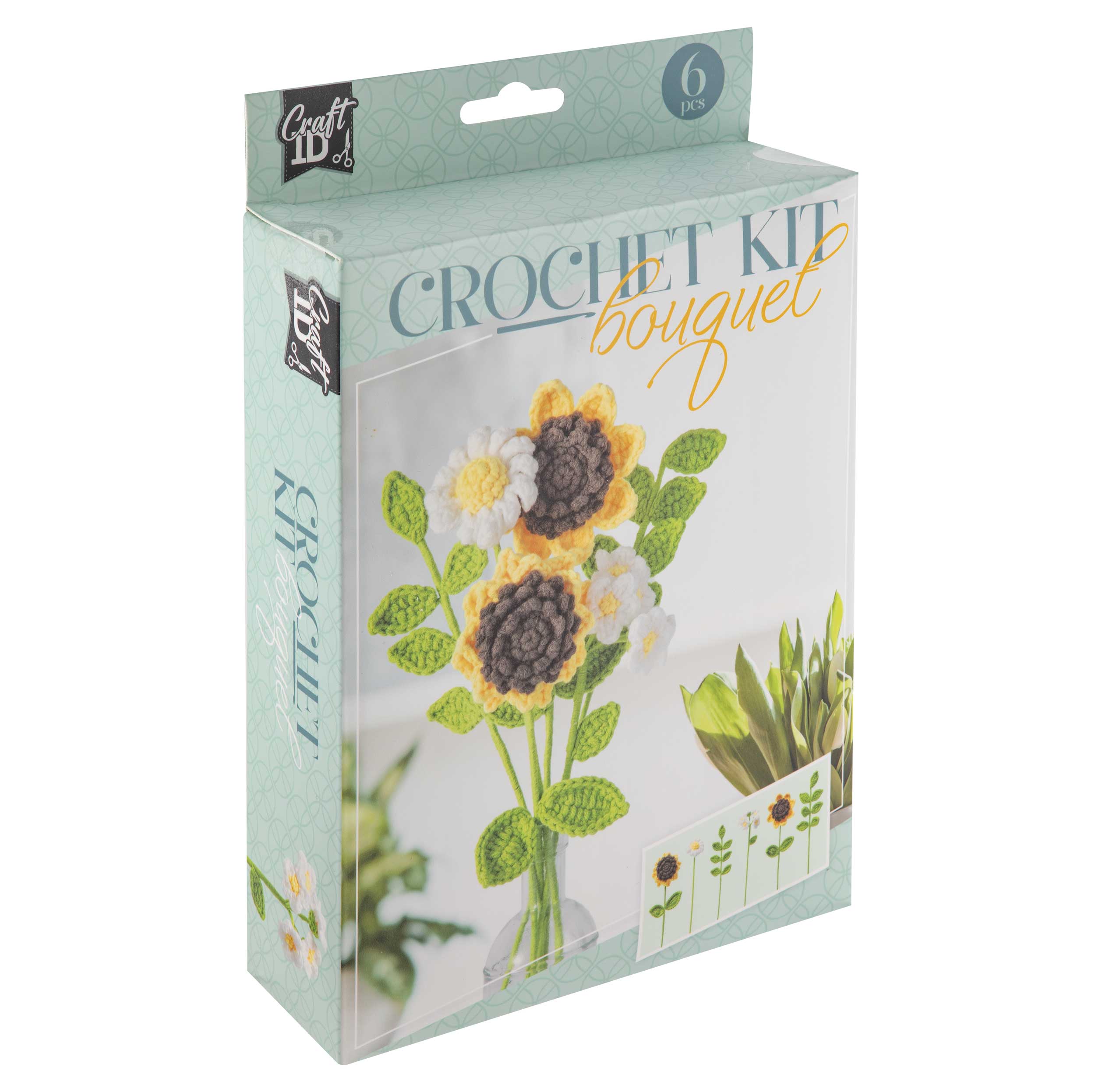Häkelset für einen Blumenstrauß. Enthält sechs Teile mit verschiedenen Blumen und Blättern.