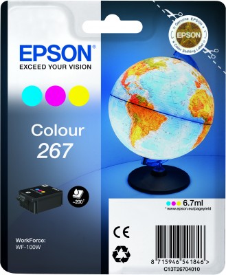 Tintenpatrone von Epson in einer Verpackung. Farbige Weltkugel auf der Vorderseite.