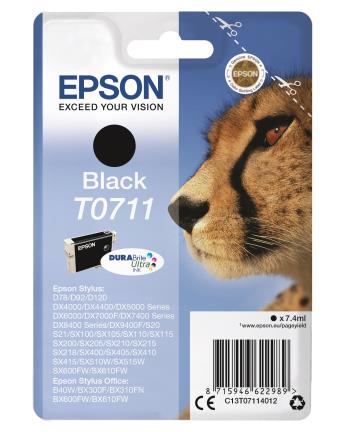 Schwarze Druckerpatrone von Epson. Modell T0711. Abbildung eines Geparden im Hintergrund. Verpackung mit Produktinformationen.