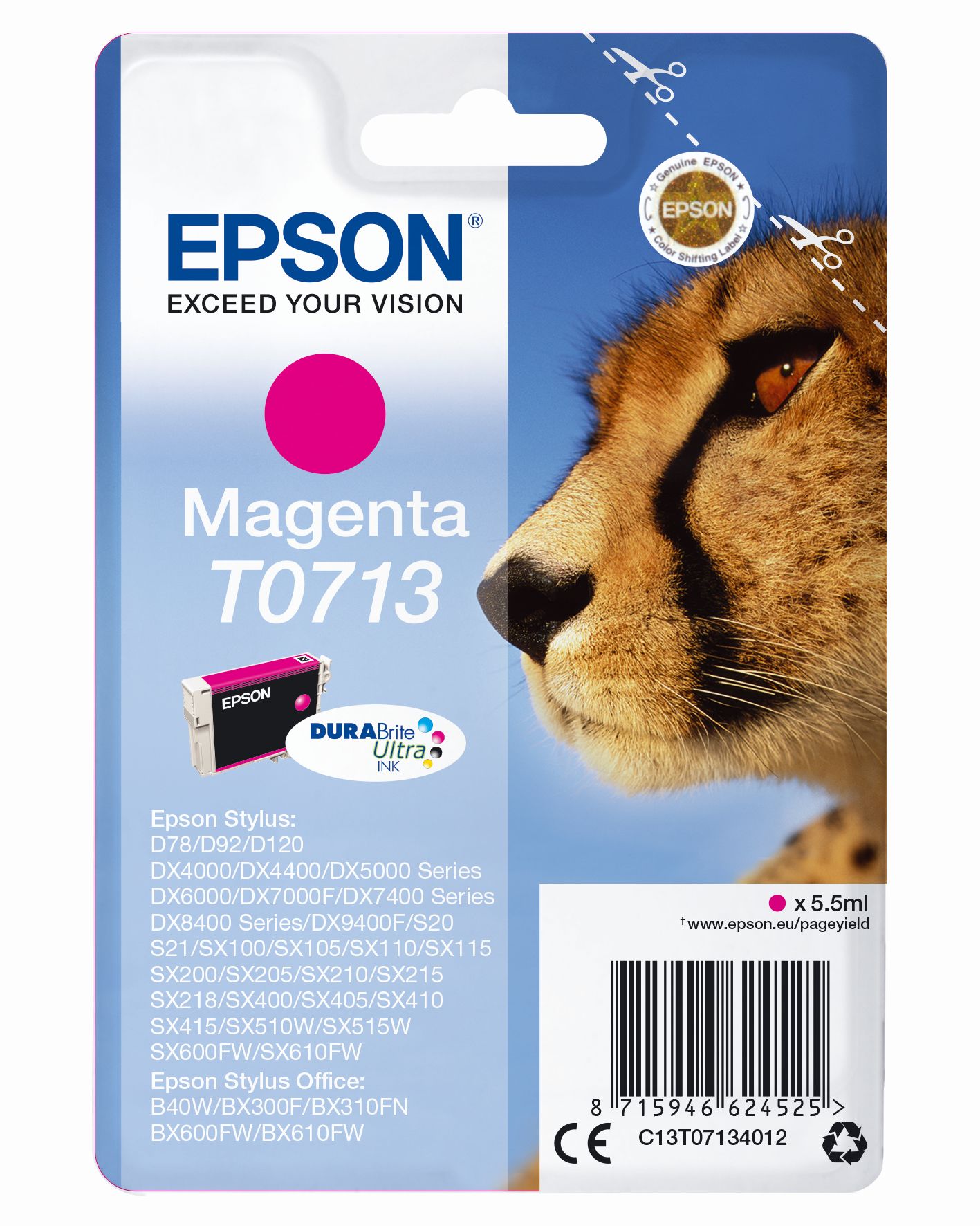 Magenta Tintenpatrone von Epson. Verpackung zeigt ein Löwenkopf und enthält 5,5 ml Tinte.