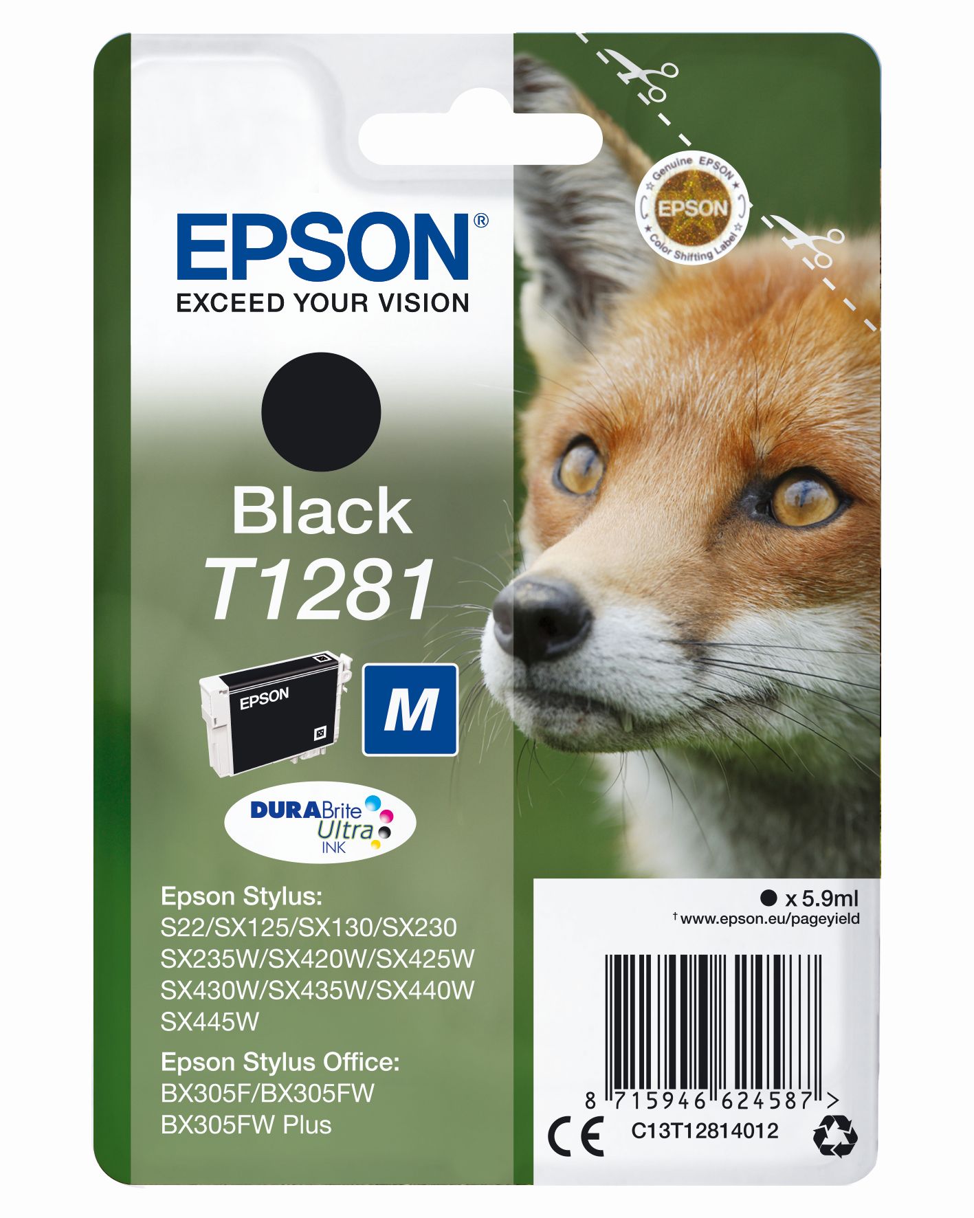 Schwarze Tintenpatrone von Epson. Abgebildet ist ein Fuchs im Hintergrund.