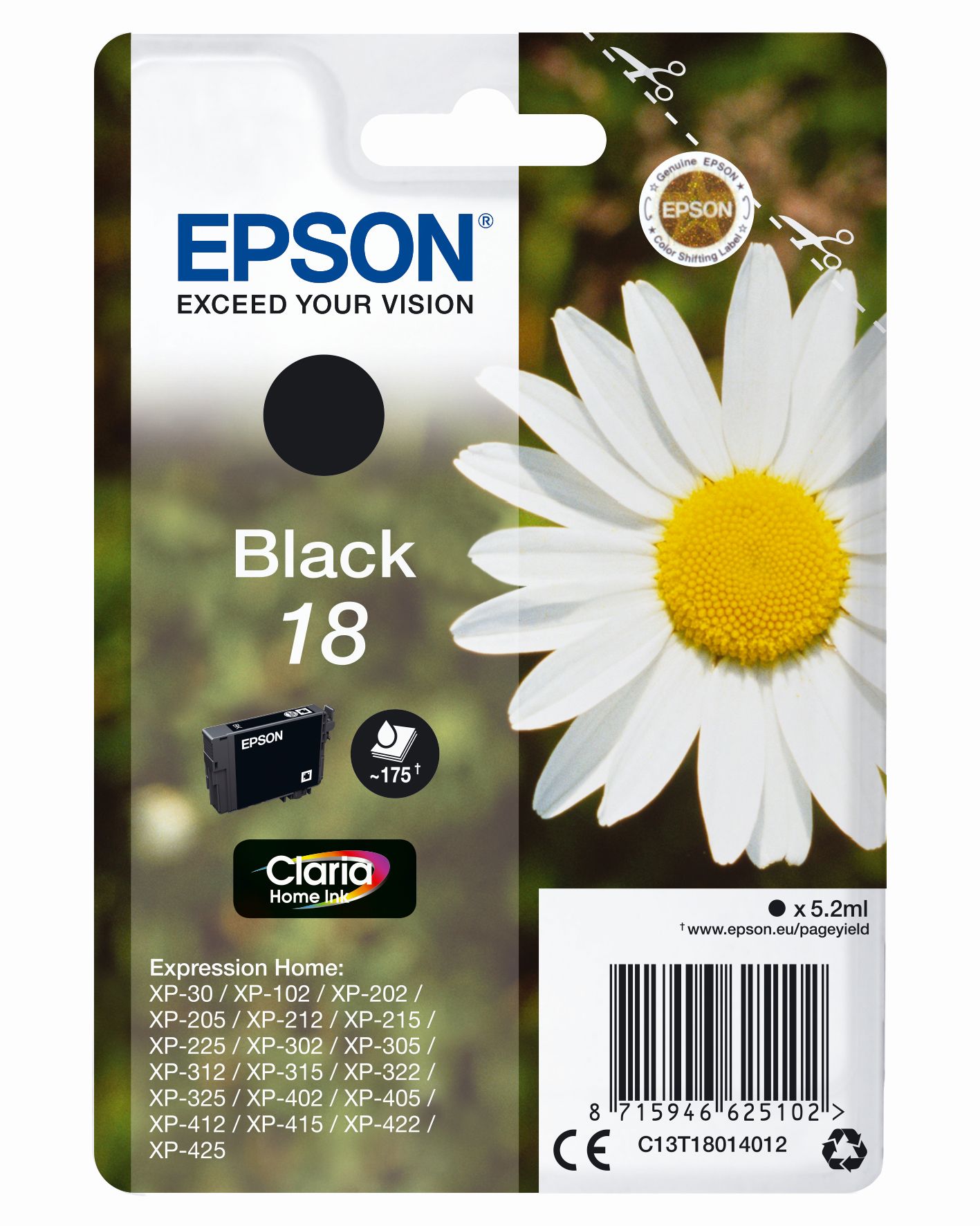 Schwarze Tintenpatrone von Epson. Verpackung zeigt eine Blume und enthält Informationen zu kompatiblen Druckern.