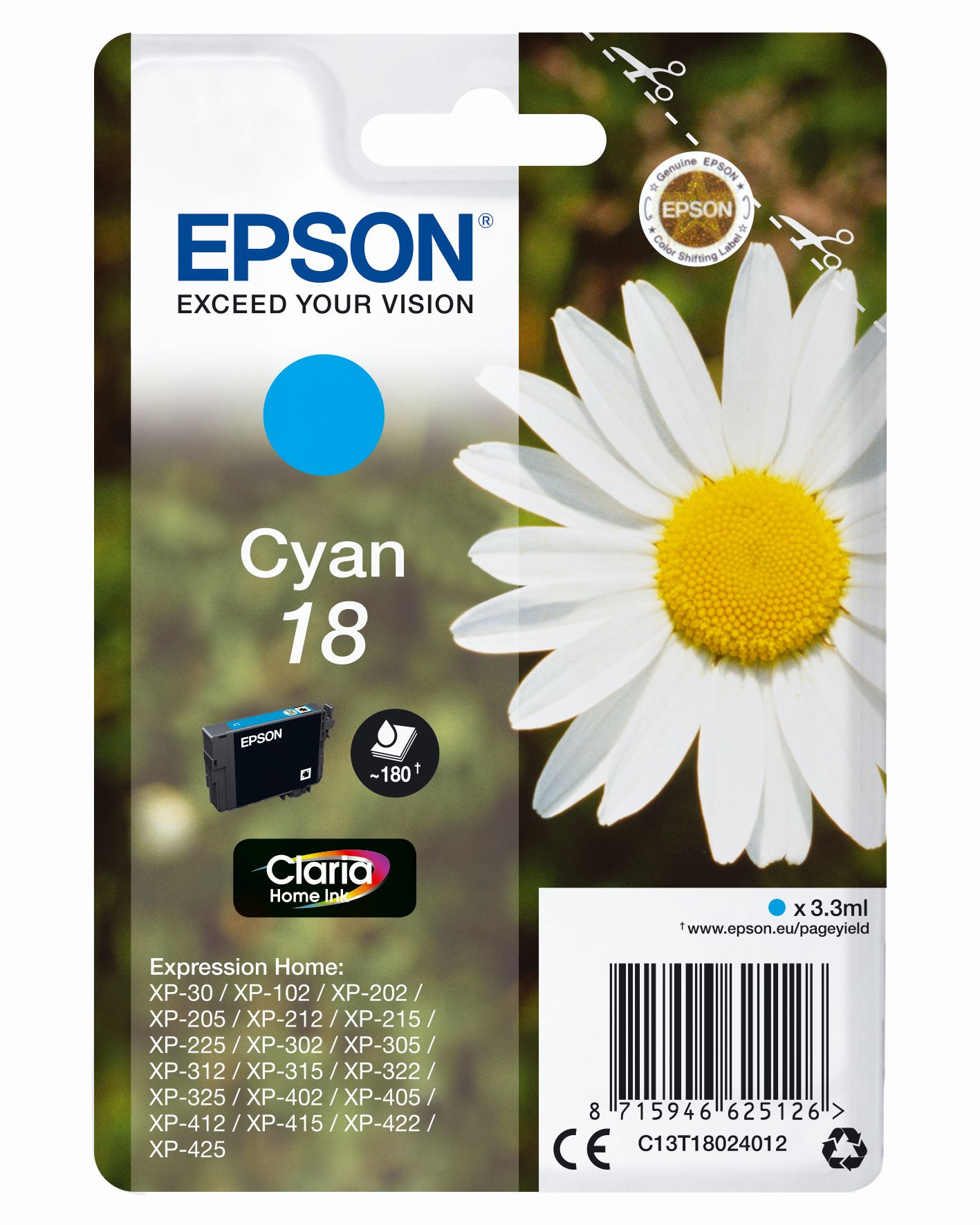 Epson Tintenpatrone in Cyan. Verpackung zeigt eine Blume und enthält Informationen zu kompatiblen Druckermodellen.