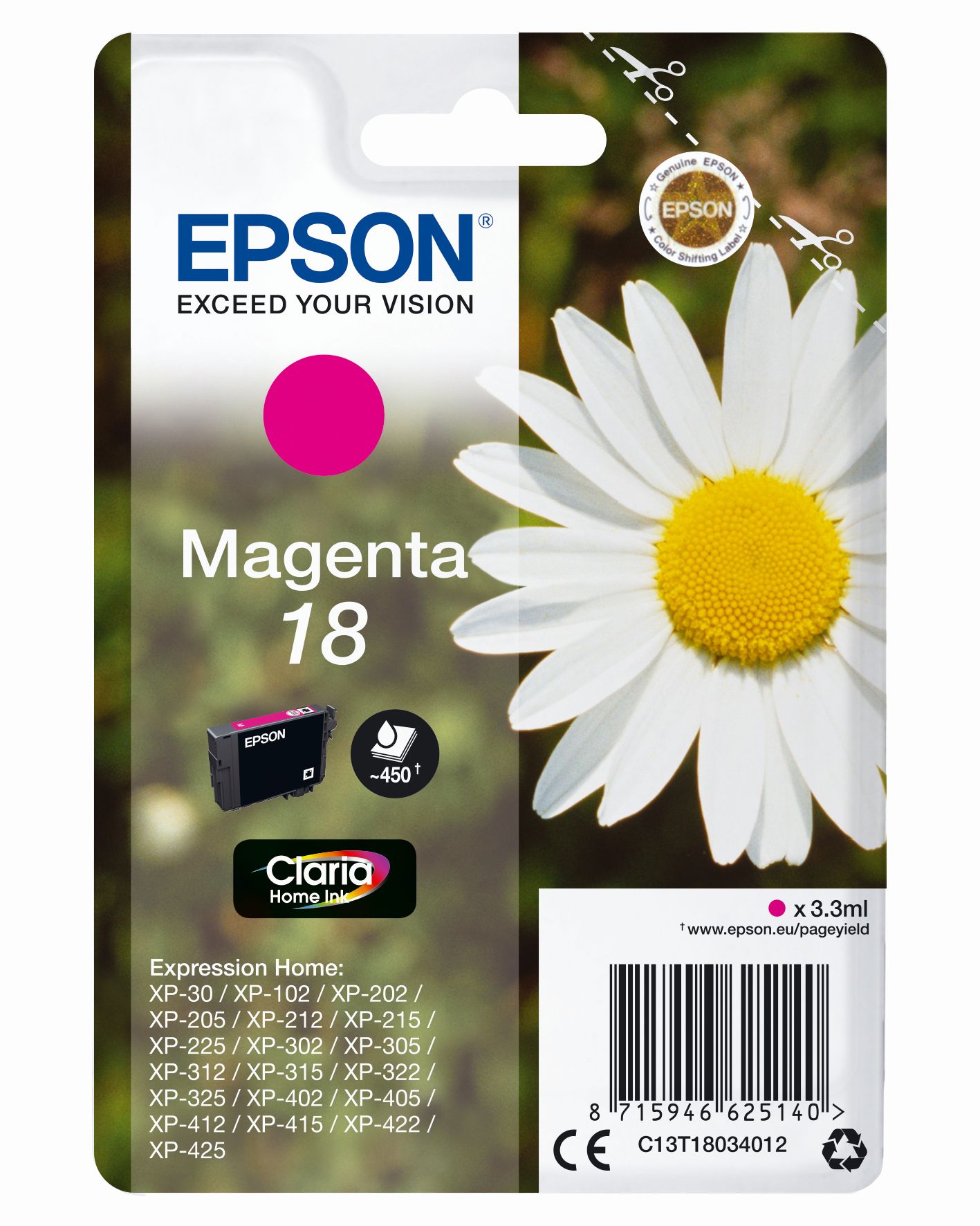 Magenta Tintenpatrone von Epson. Verpackung zeigt eine Blume und enthält Informationen zu kompatiblen Druckern.