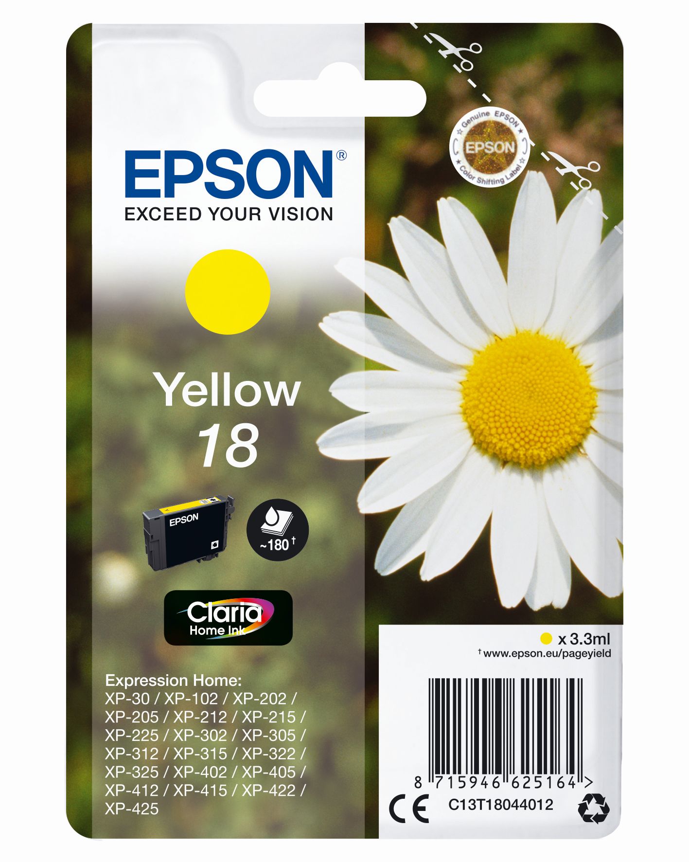 Druckerpatrone in gelb. Marke: Epson. Inhalt: 3,3 ml. Geeignet für verschiedene Epson Expression Home Modelle.