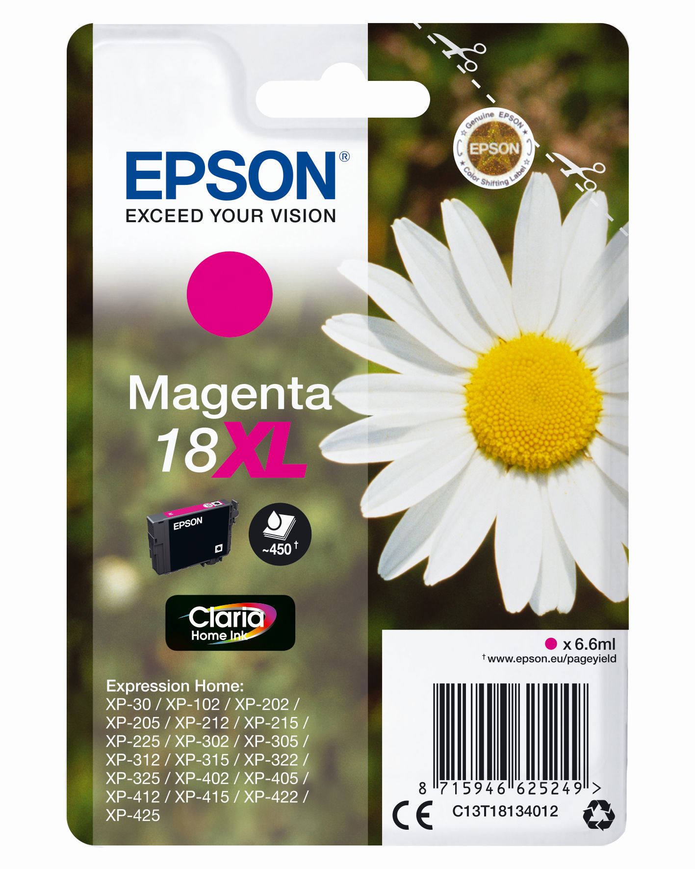 Magenta Tintenpatrone von Epson, Modell 18XL. Verpackung zeigt eine weiße Blume. Für verschiedene Epson Drucker geeignet. Inhalt: 6,6 ml.