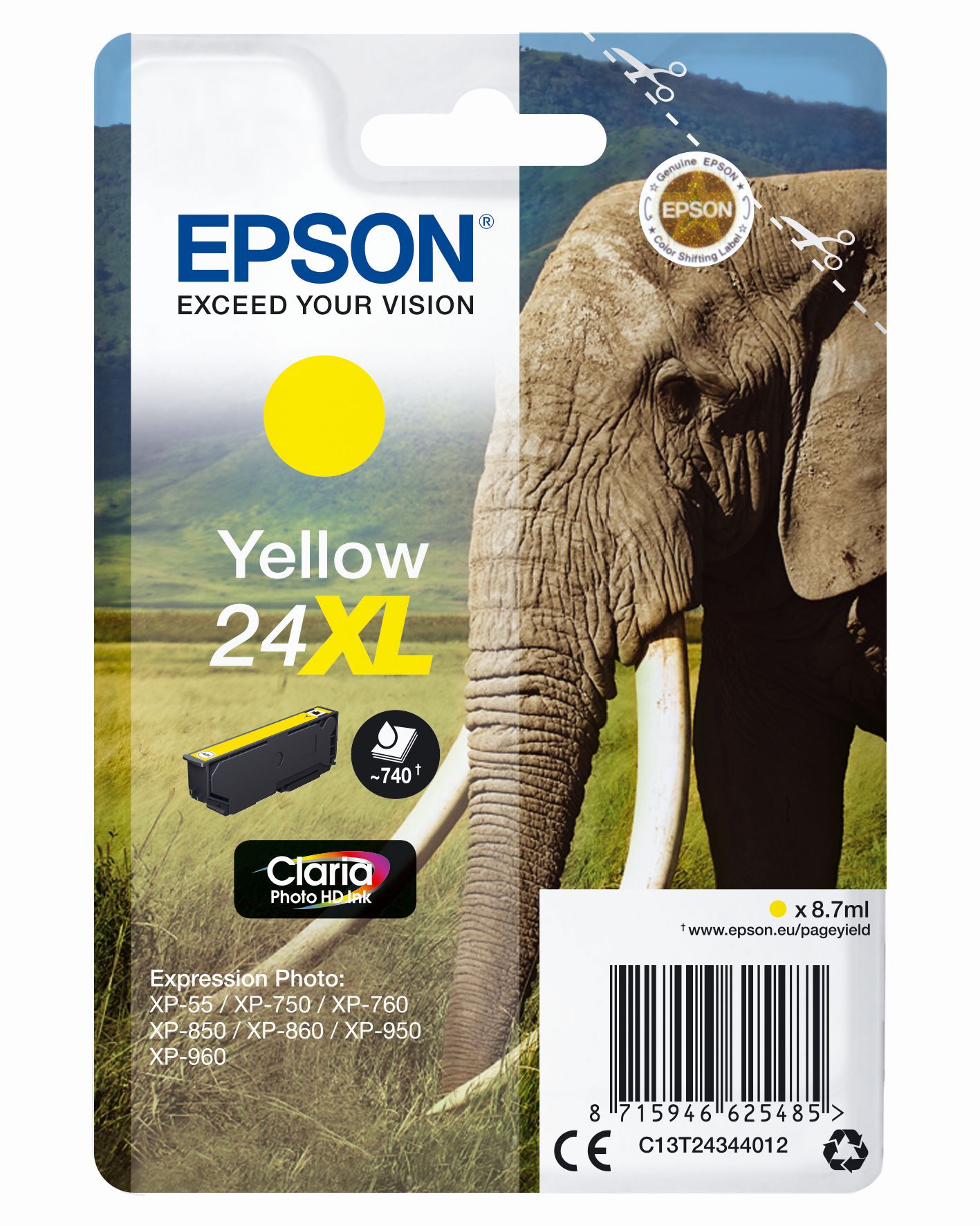 Gelbe Druckerpatrone von Epson, Modell 24XL. Für verschiedene XP-Modelle geeignet. Inhalt: 8,7 ml. Abbildung eines Elefanten im Hintergrund.